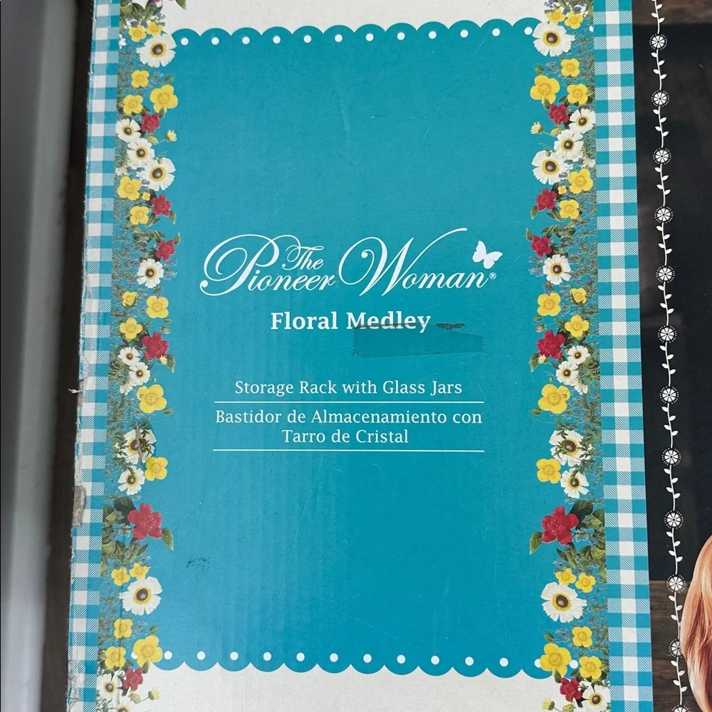 RARE! The Pioneer Woman Floral Medley Glass‎ Storage Jars with Metal Rack